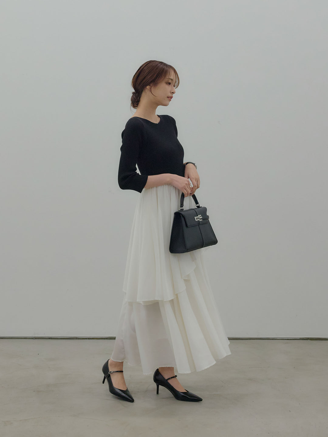 【Essential】7部袖リブドッキングワンピース