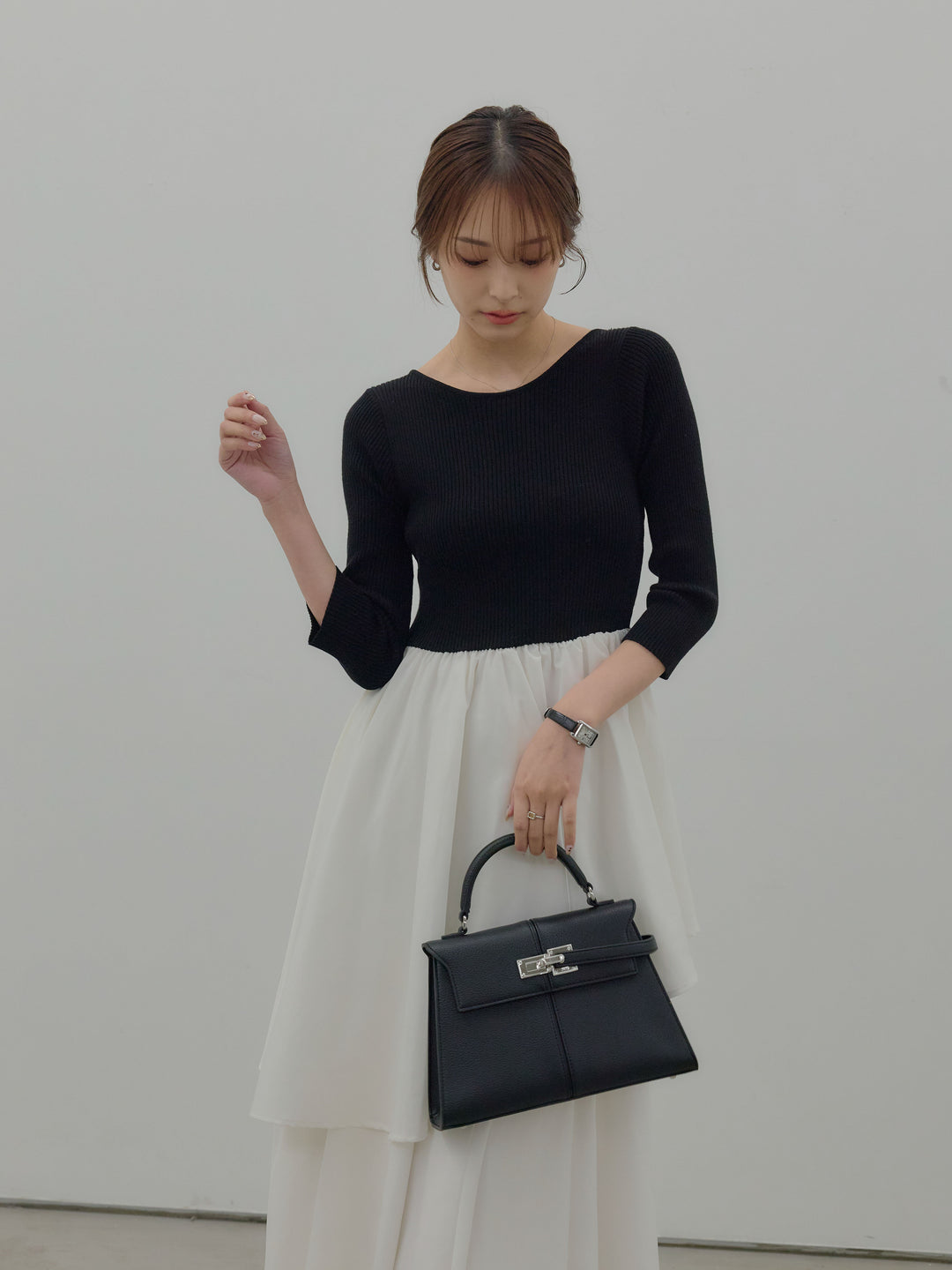 【Essential】7部袖リブドッキングワンピース