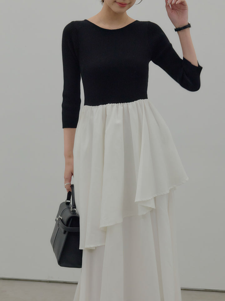 【Essential】7部袖リブドッキングワンピース