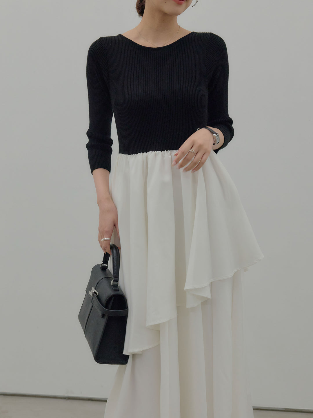 【Essential】7部袖リブドッキングワンピース