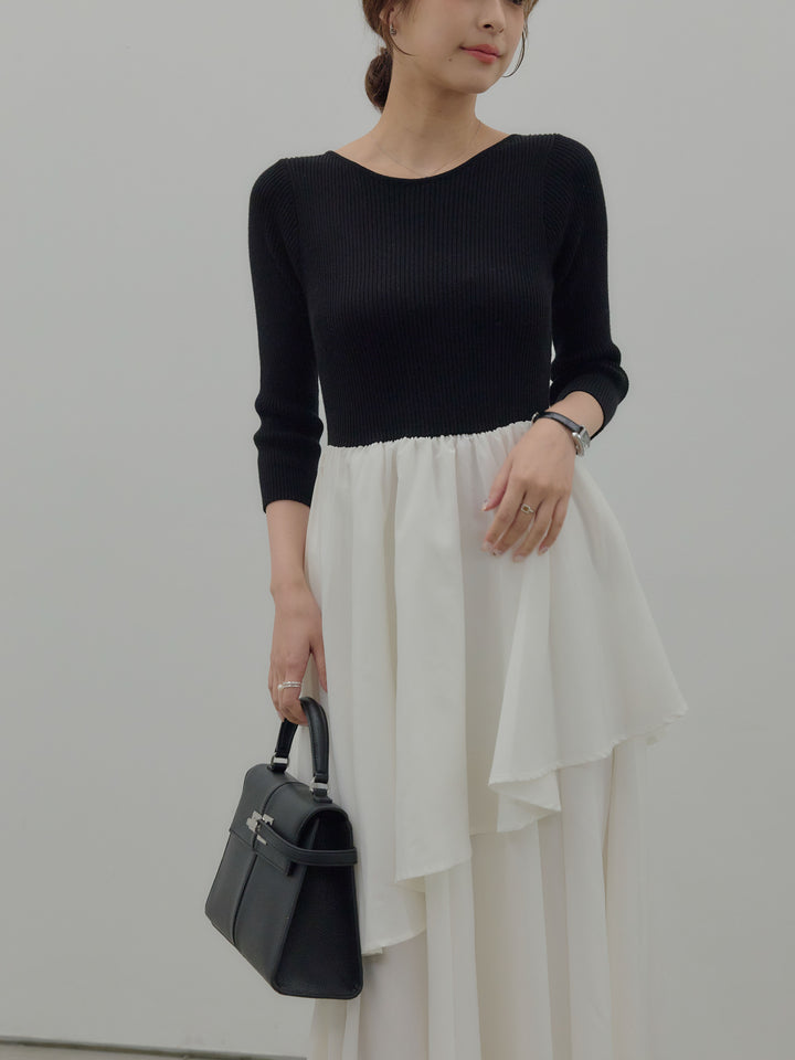 【Essential】7部袖リブドッキングワンピース