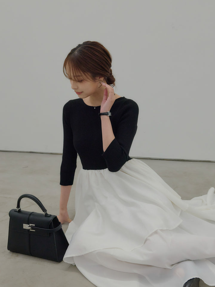 【Essential】7部袖リブドッキングワンピース