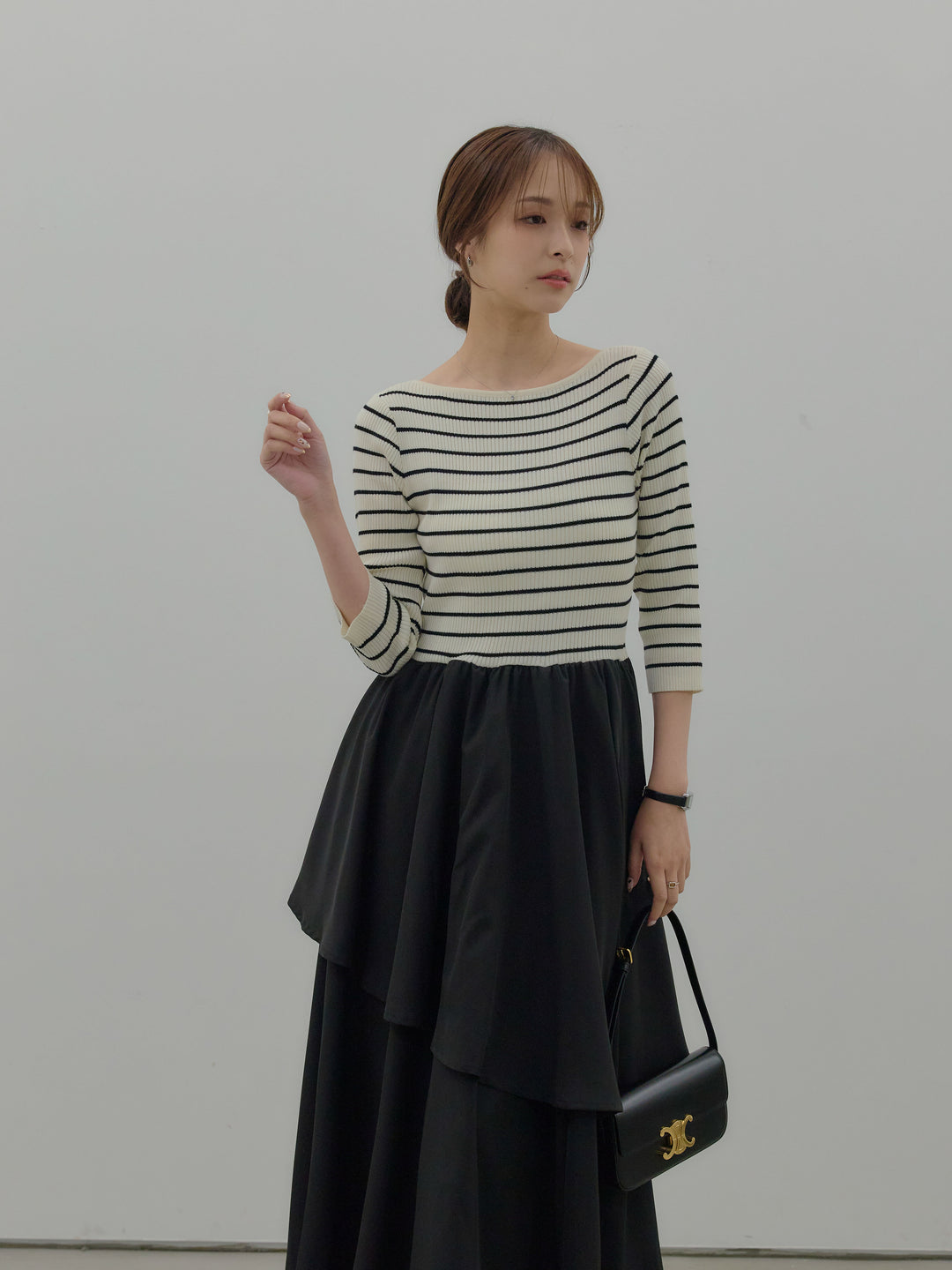 【Essential】7部袖リブドッキングワンピース