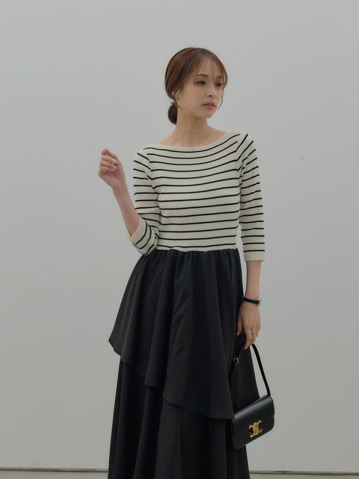 【Essential】7部袖リブドッキングワンピース