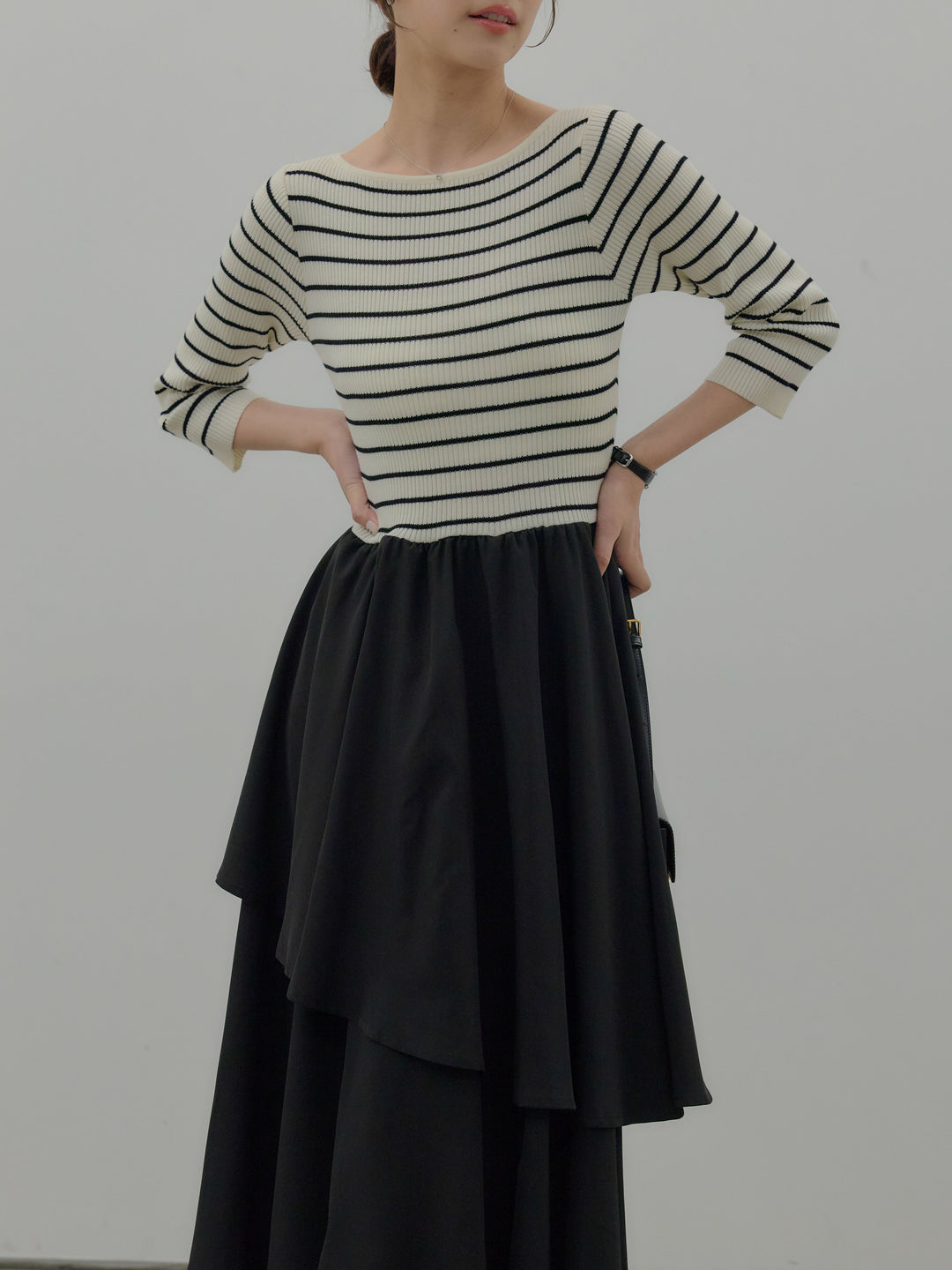 【Essential】7部袖リブドッキングワンピース