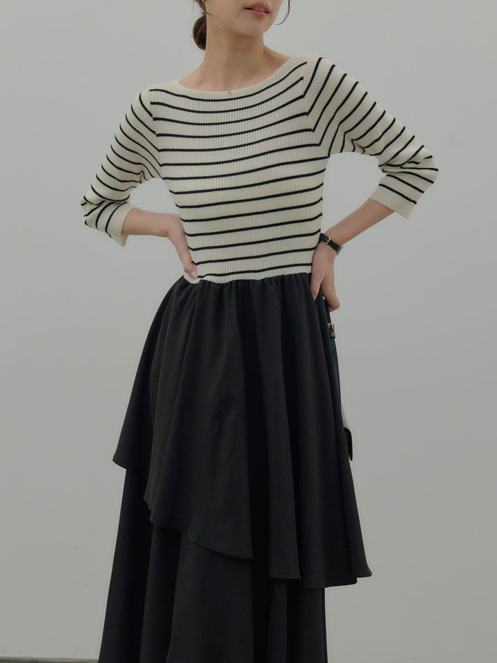 【Essential】7部袖リブドッキングワンピース