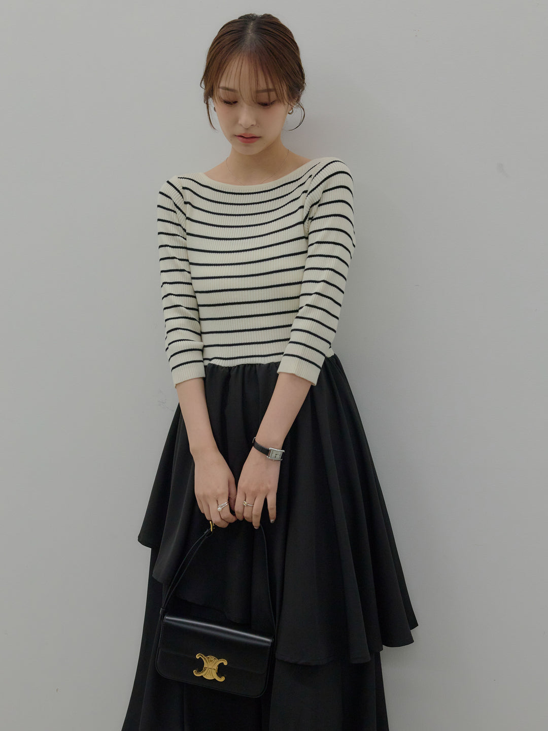 【Essential】7部袖リブドッキングワンピース