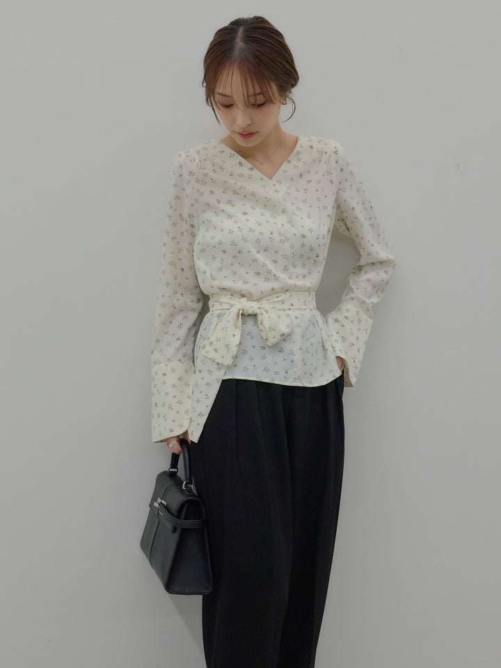 【SET】【Essential】2wayタイ付きベルスリーブサテンブラウス+ハイウエストセンタープレスワイドパンツ(2set)