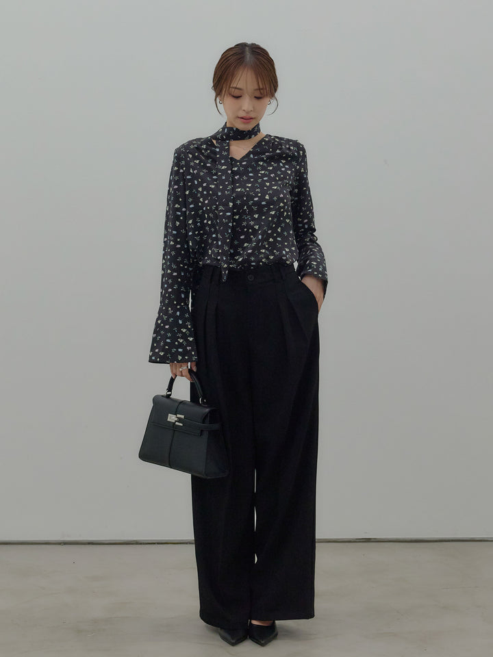 【SET】【Essential】2wayタイ付きベルスリーブサテンブラウス+ハイウエストセンタープレスワイドパンツ(2set)