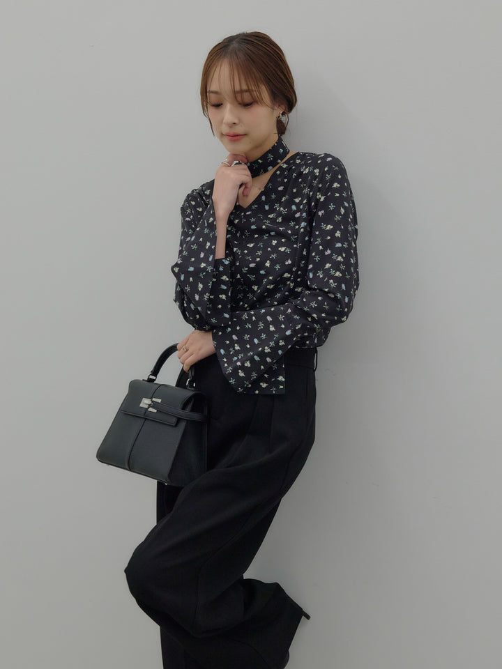 【SET】【Essential】2wayタイ付きベルスリーブサテンブラウス+ハイウエストセンタープレスワイドパンツ(2set)