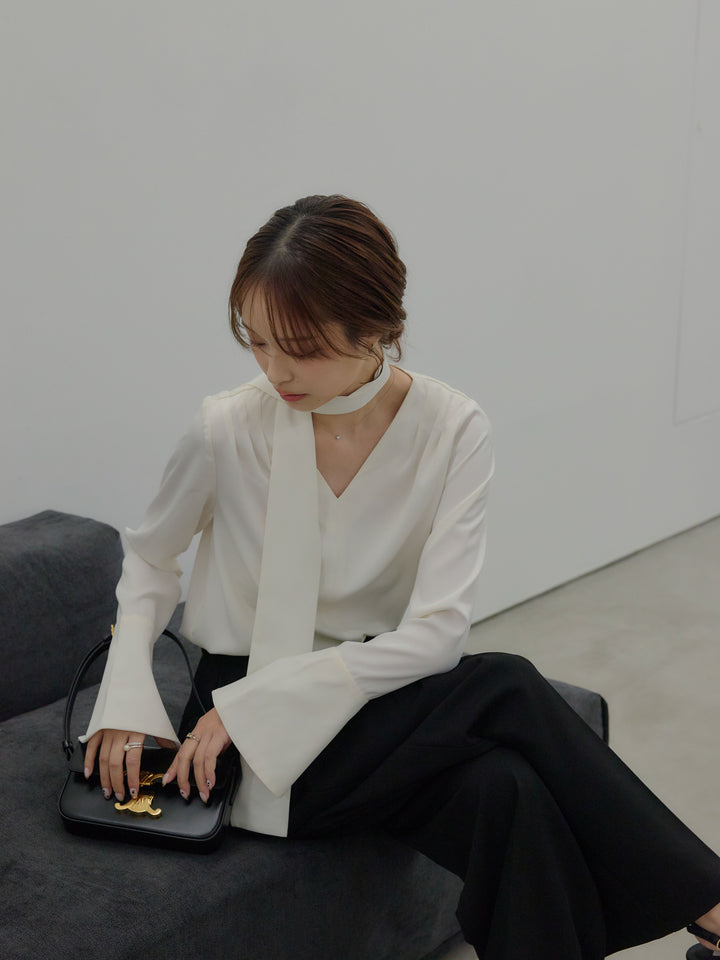 【SET】【Essential】2wayタイ付きベルスリーブサテンブラウス+ハイウエストセンタープレスワイドパンツ(2set)
