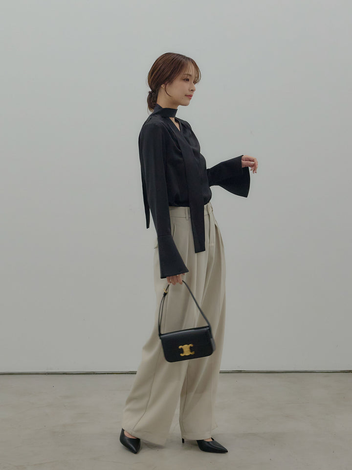 【SET】【Essential】2wayタイ付きベルスリーブサテンブラウス+ハイウエストセンタープレスワイドパンツ(2set)