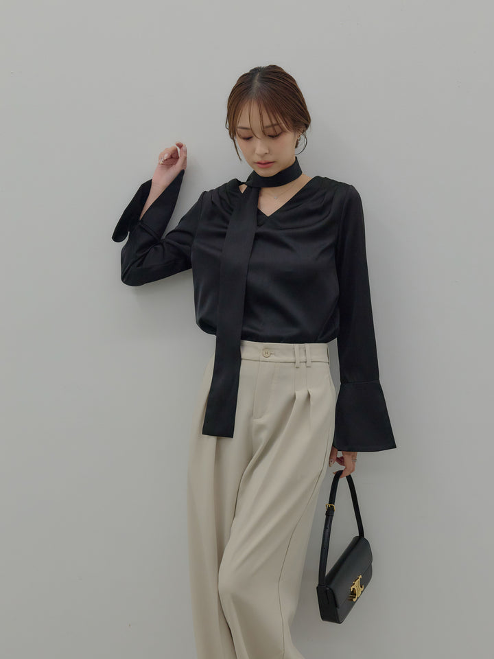 【SET】【Essential】2wayタイ付きベルスリーブサテンブラウス+ハイウエストセンタープレスワイドパンツ(2set)