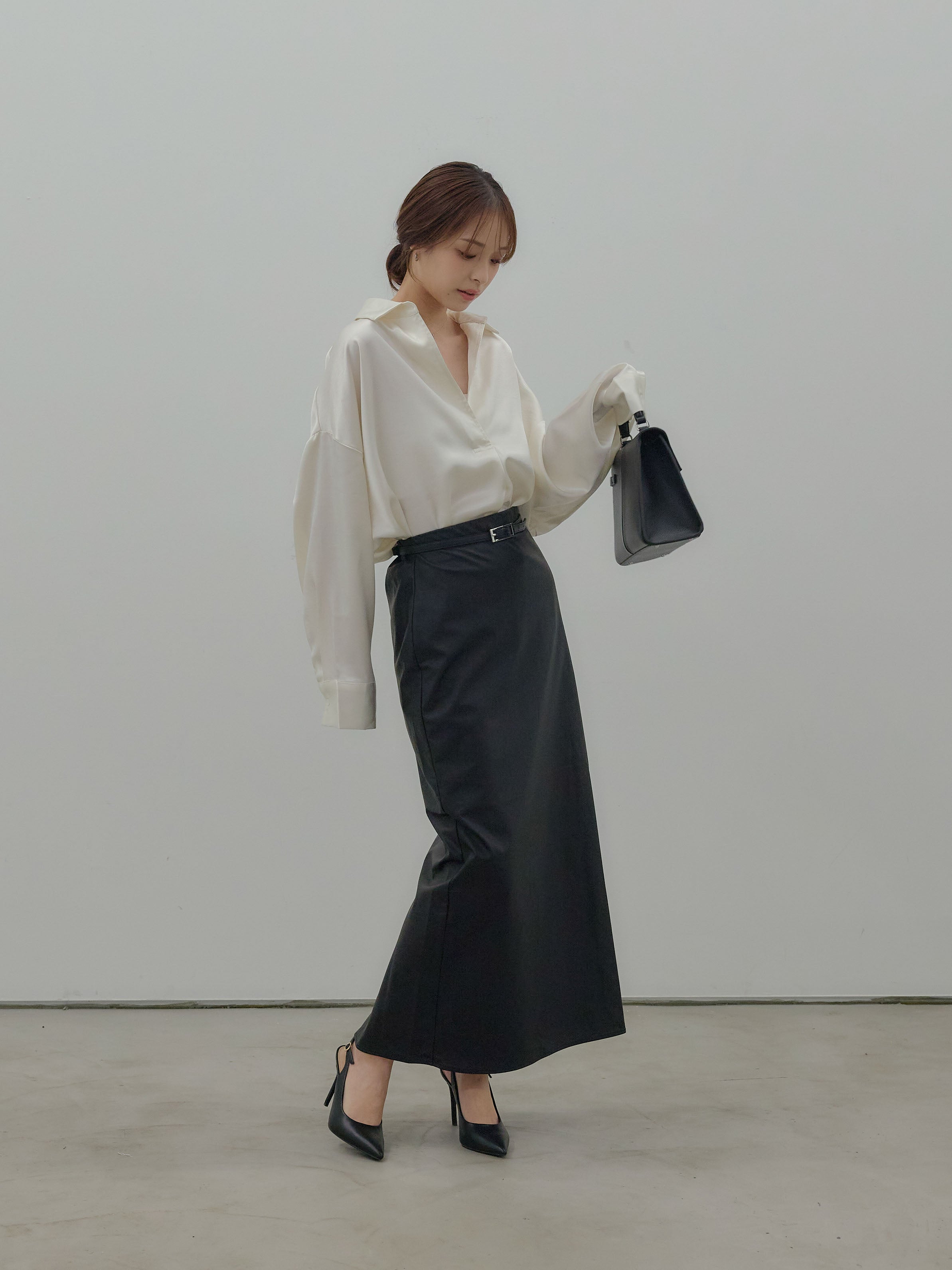 SET】サテンドルマンスキッパーシャツ+フェイクレザーナロースカート