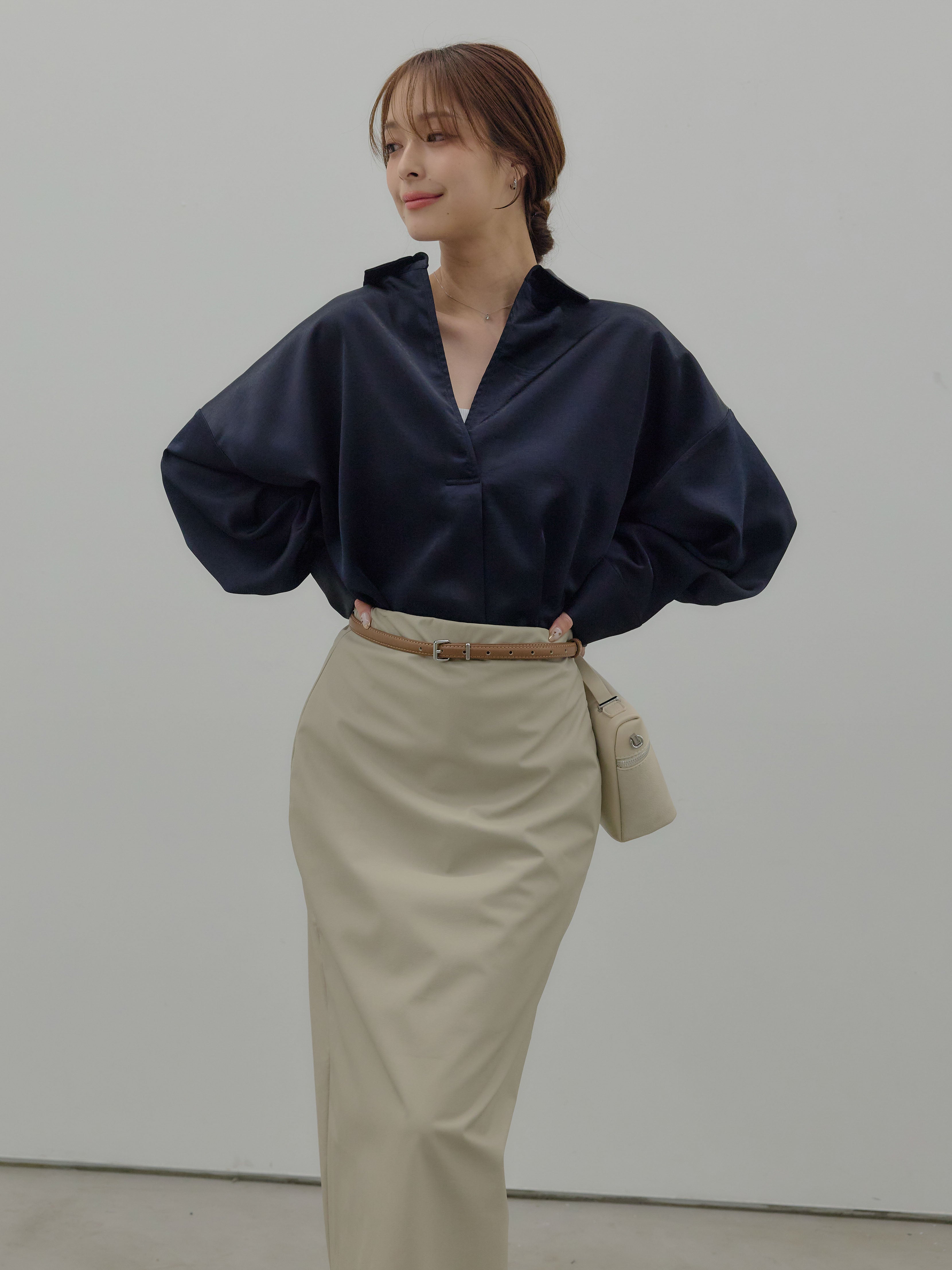 SET】サテンドルマンスキッパーシャツ+フェイクレザーナロースカート