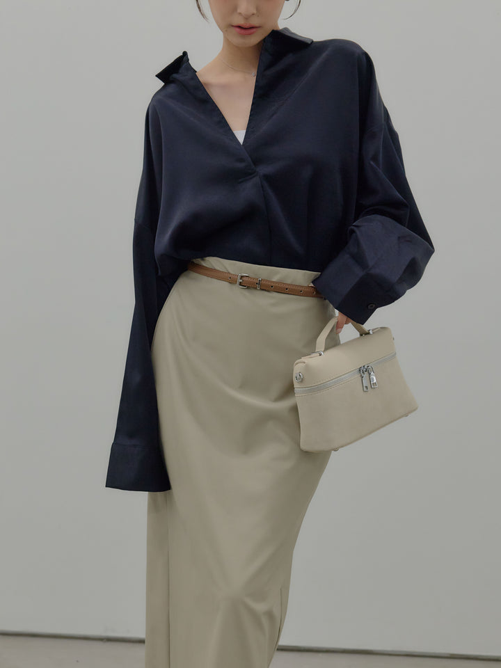 【SET】サテンドルマンスキッパーシャツ+フェイクレザーナロースカート(2set)