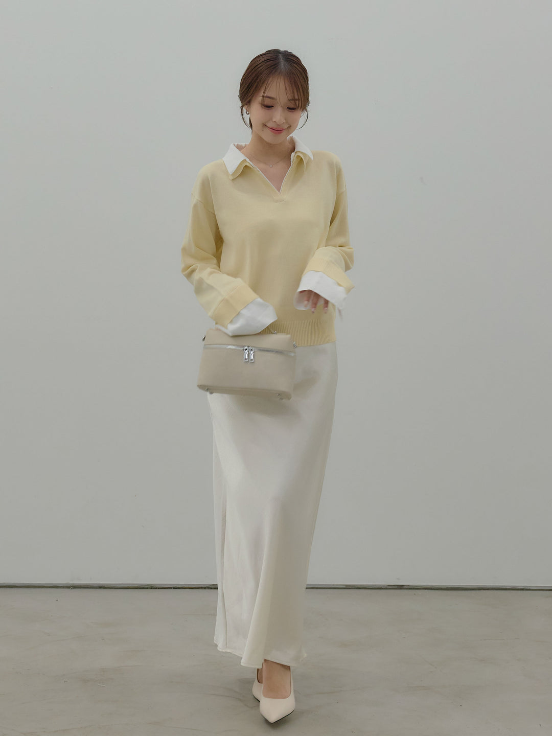 【SET】配色レイヤードプルオーバー+リュクスAラインサテンスカート(2set)