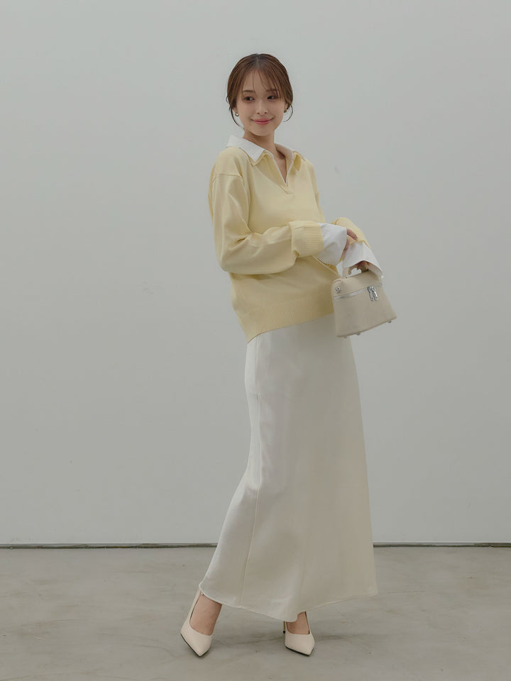 【SET】配色レイヤードプルオーバー+リュクスAラインサテンスカート(2set)