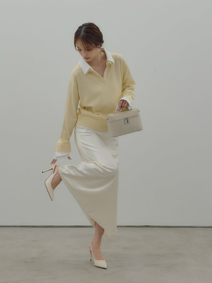 【SET】配色レイヤードプルオーバー+リュクスAラインサテンスカート(2set)