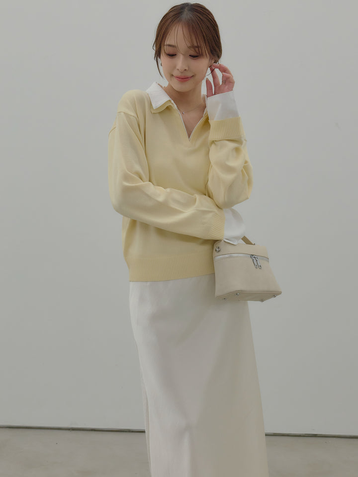 【SET】配色レイヤードプルオーバー+リュクスAラインサテンスカート(2set)