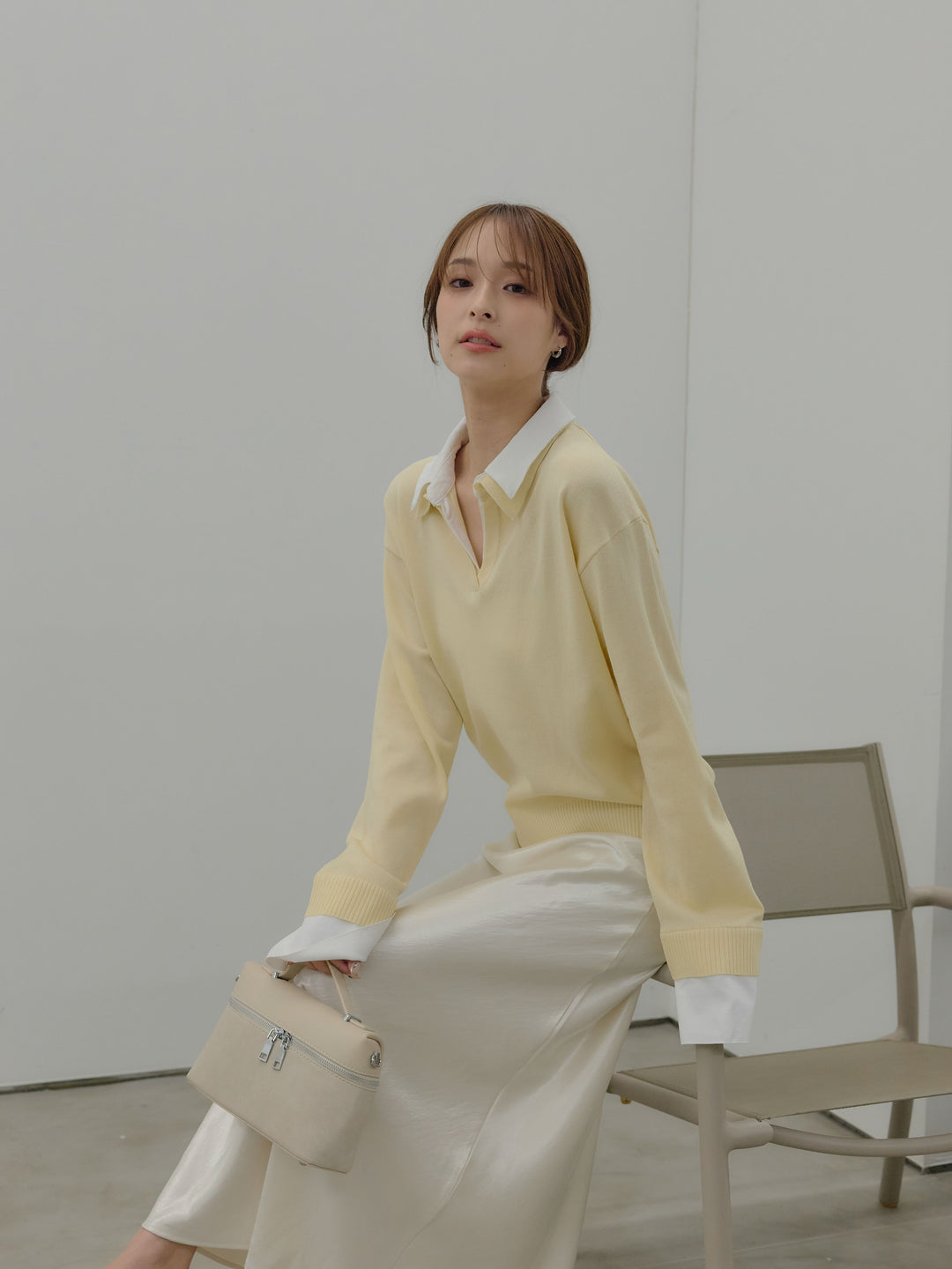 【SET】配色レイヤードプルオーバー+リュクスAラインサテンスカート(2set)