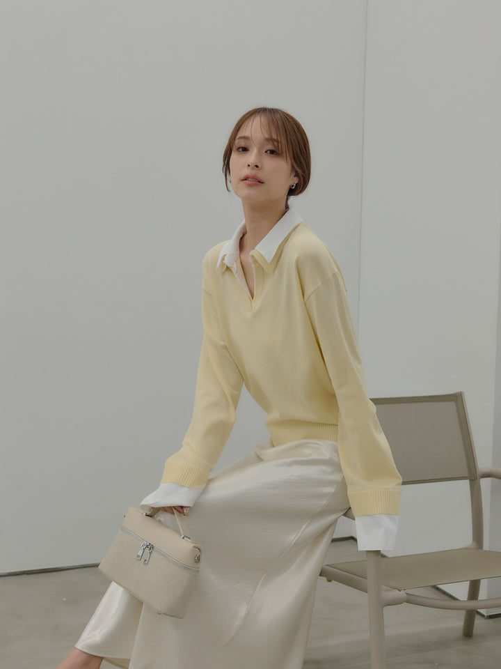 【SET】配色レイヤードプルオーバー+リュクスAラインサテンスカート(2set)