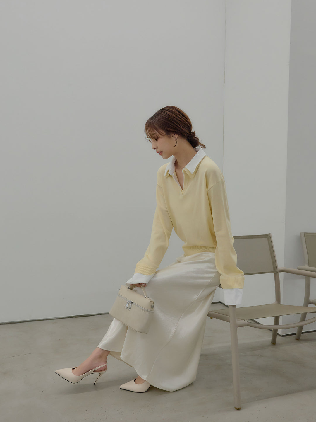 【SET】配色レイヤードプルオーバー+リュクスAラインサテンスカート(2set)