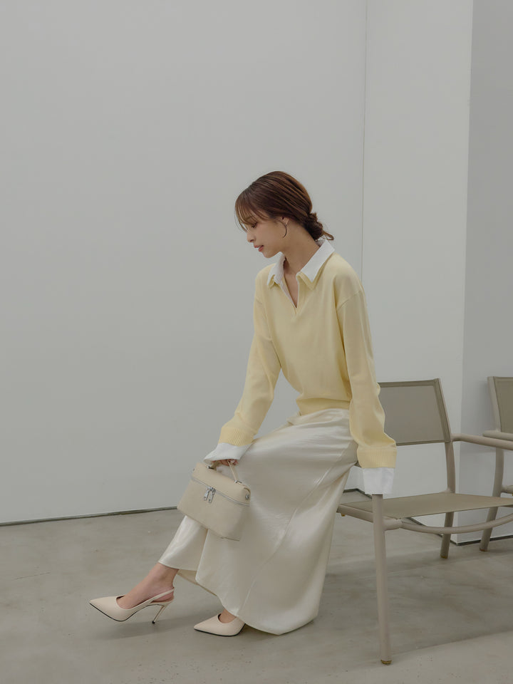 【SET】配色レイヤードプルオーバー+リュクスAラインサテンスカート(2set)