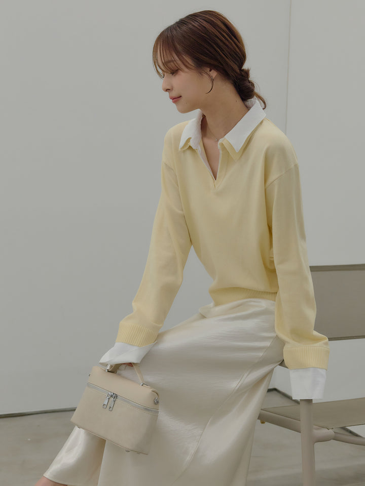 【SET】配色レイヤードプルオーバー+リュクスAラインサテンスカート(2set)