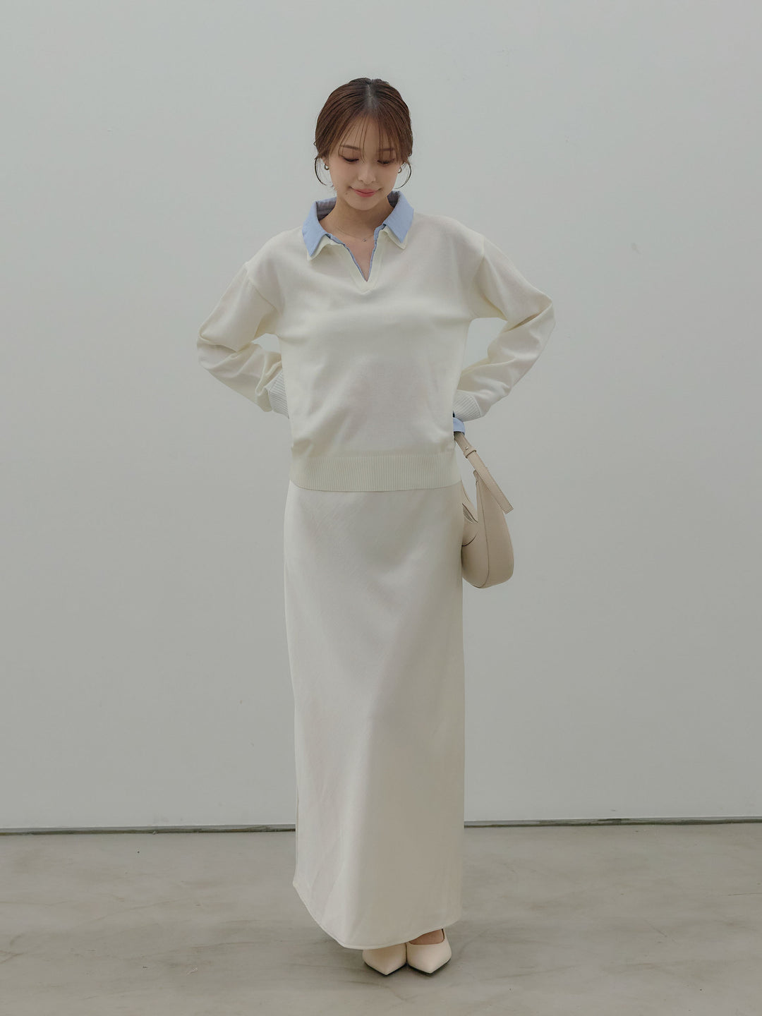 【SET】配色レイヤードプルオーバー+リュクスAラインサテンスカート(2set)