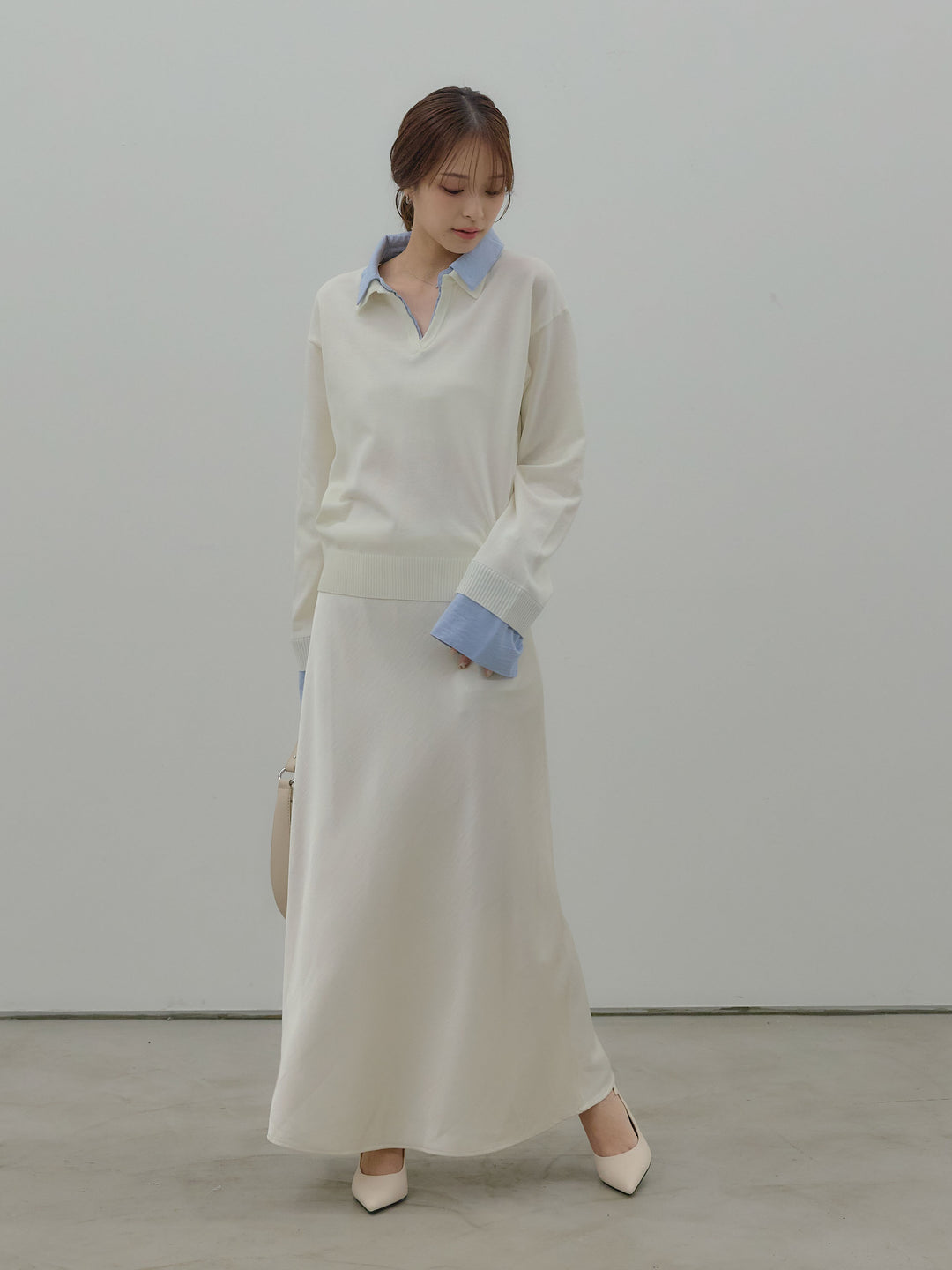 【SET】配色レイヤードプルオーバー+リュクスAラインサテンスカート(2set)