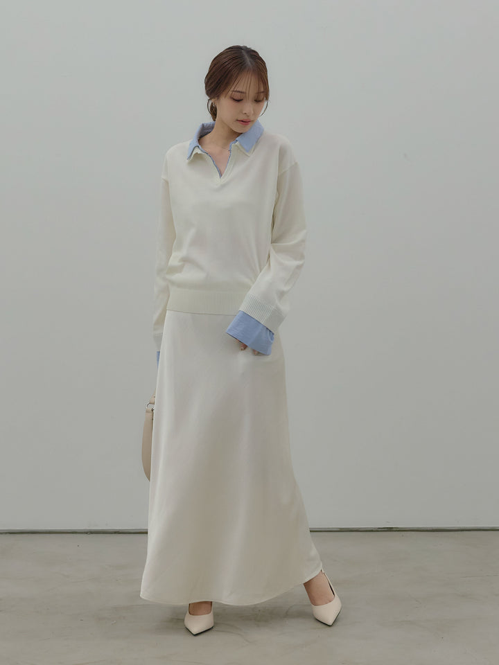 【SET】配色レイヤードプルオーバー+リュクスAラインサテンスカート(2set)