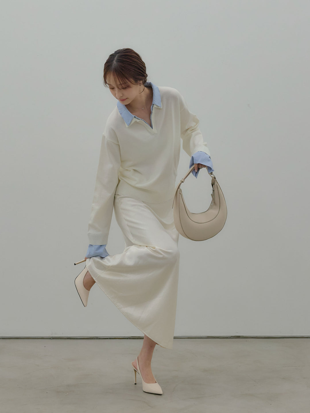 【SET】配色レイヤードプルオーバー+リュクスAラインサテンスカート(2set)