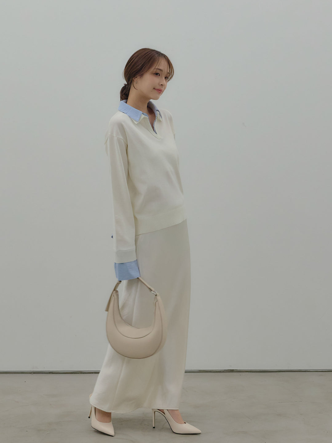 【SET】配色レイヤードプルオーバー+リュクスAラインサテンスカート(2set)