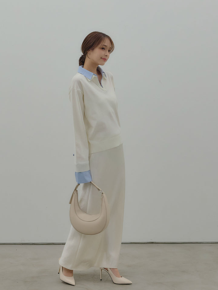 【SET】配色レイヤードプルオーバー+リュクスAラインサテンスカート(2set)