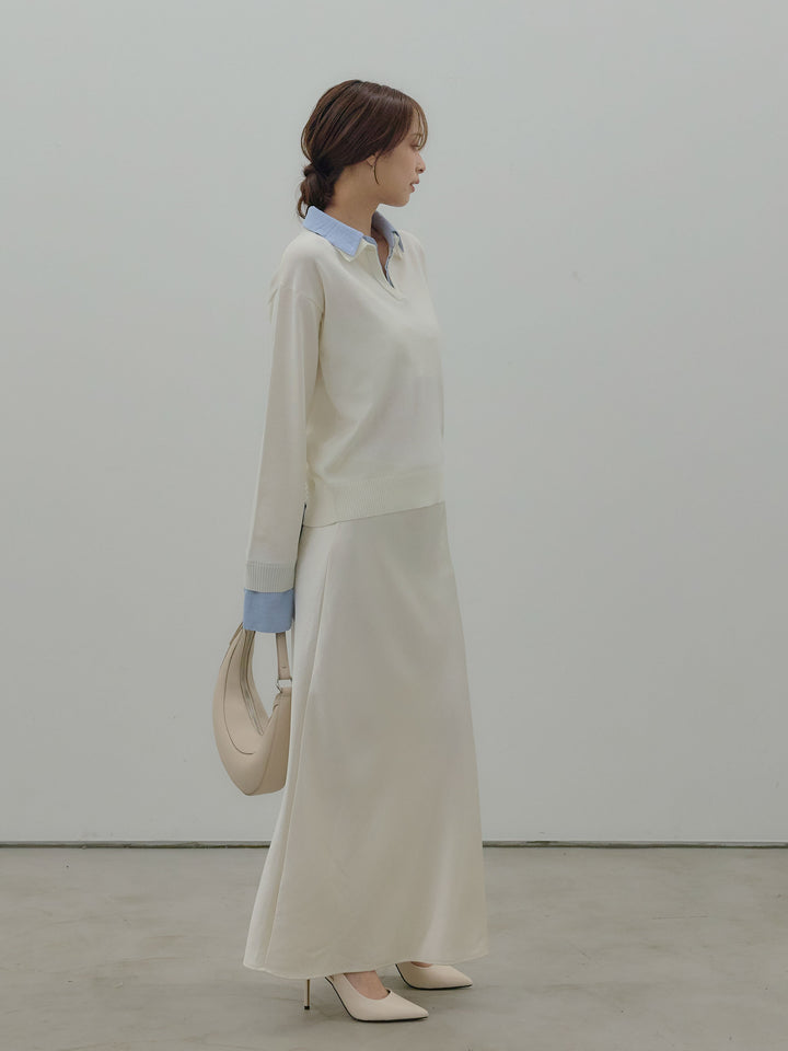 【SET】配色レイヤードプルオーバー+リュクスAラインサテンスカート(2set)
