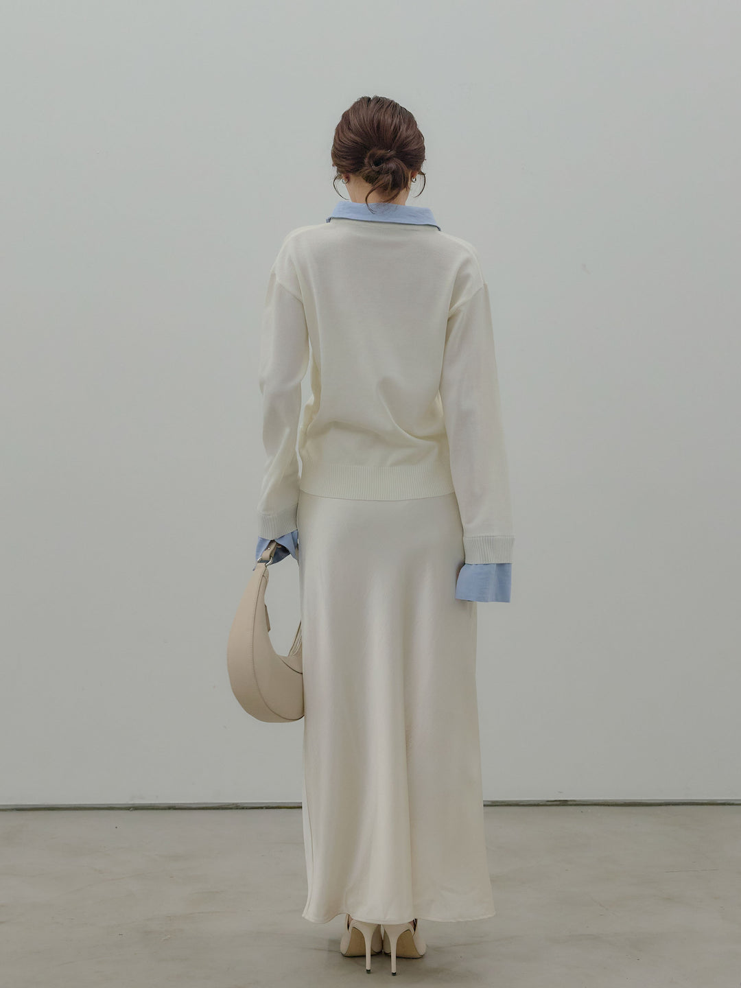 【SET】配色レイヤードプルオーバー+リュクスAラインサテンスカート(2set)