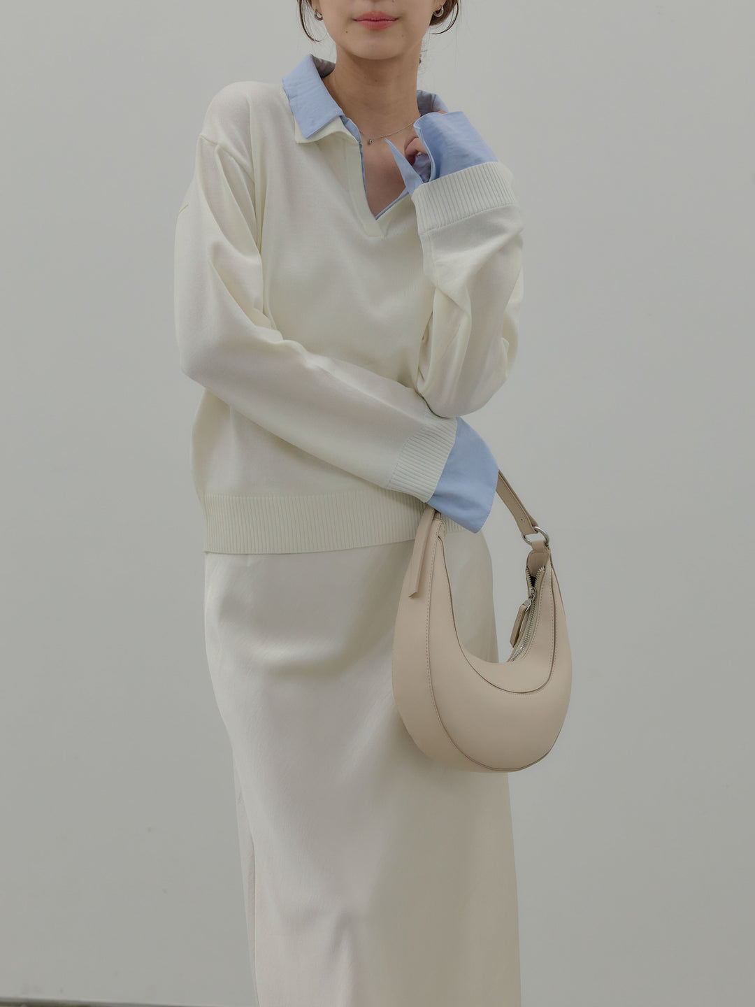 【SET】配色レイヤードプルオーバー+リュクスAラインサテンスカート(2set)