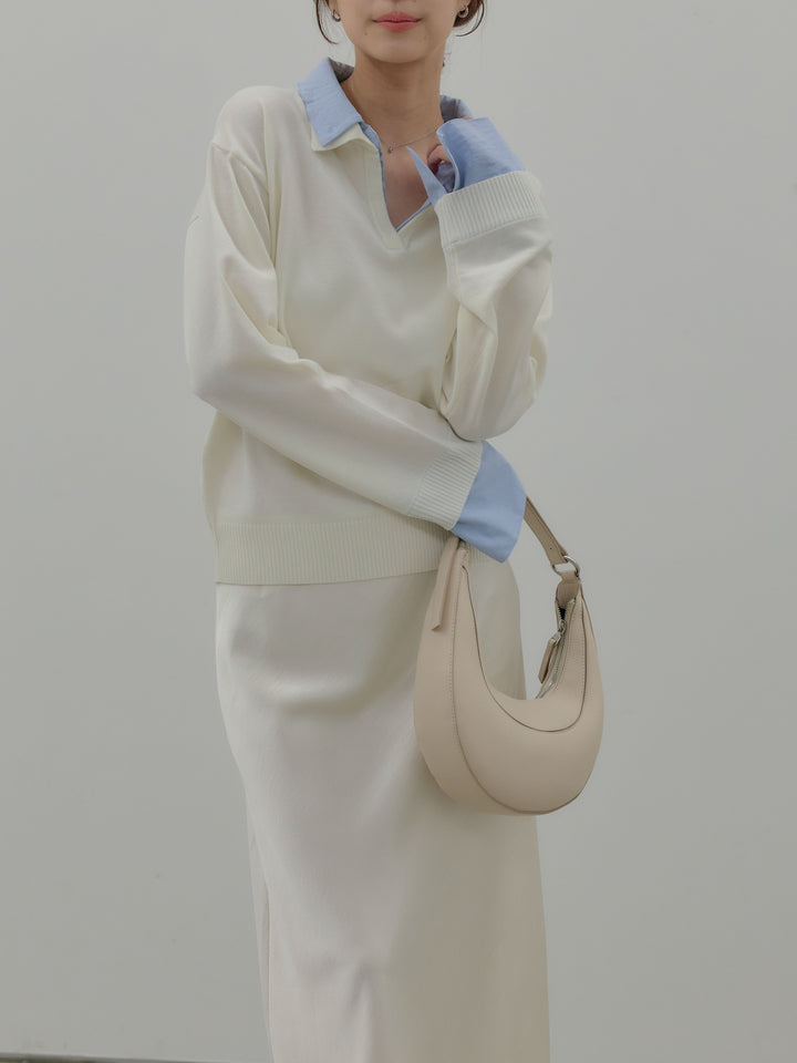 【SET】配色レイヤードプルオーバー+リュクスAラインサテンスカート(2set)