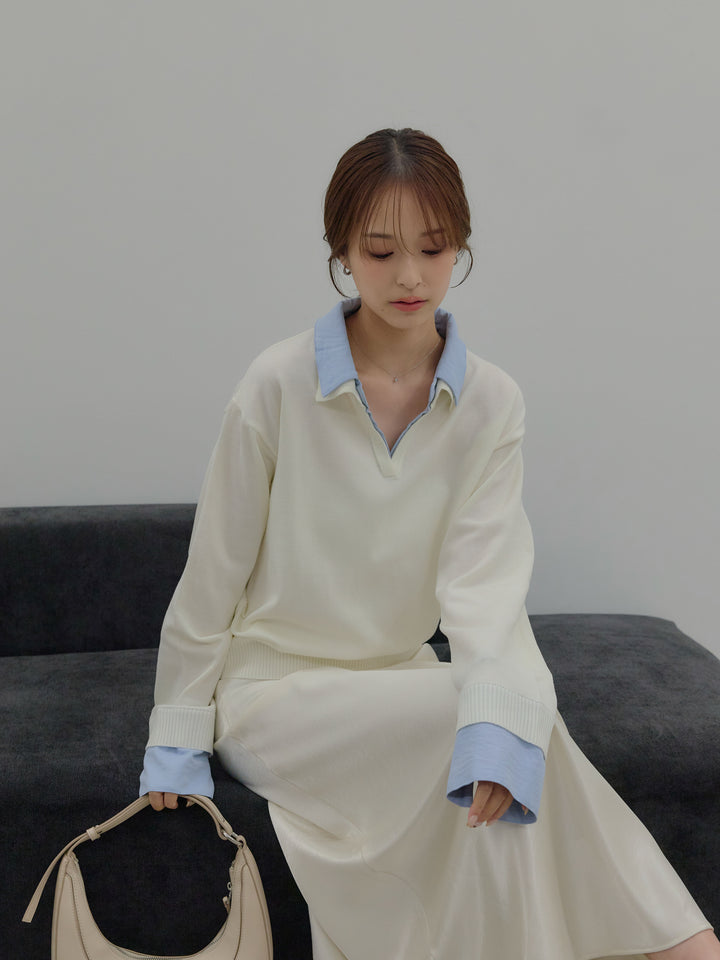 【SET】配色レイヤードプルオーバー+リュクスAラインサテンスカート(2set)