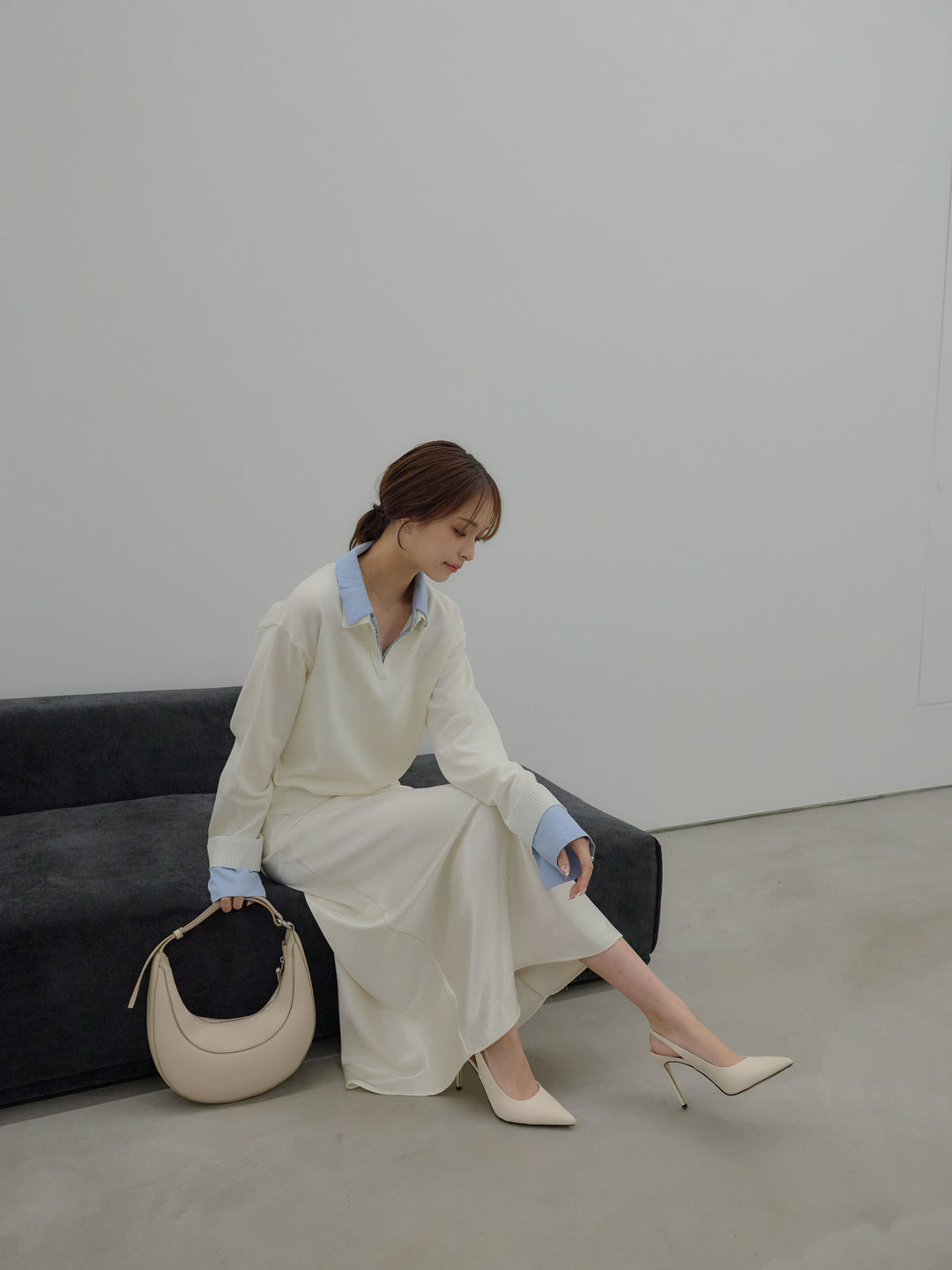 【SET】配色レイヤードプルオーバー+リュクスAラインサテンスカート(2set)