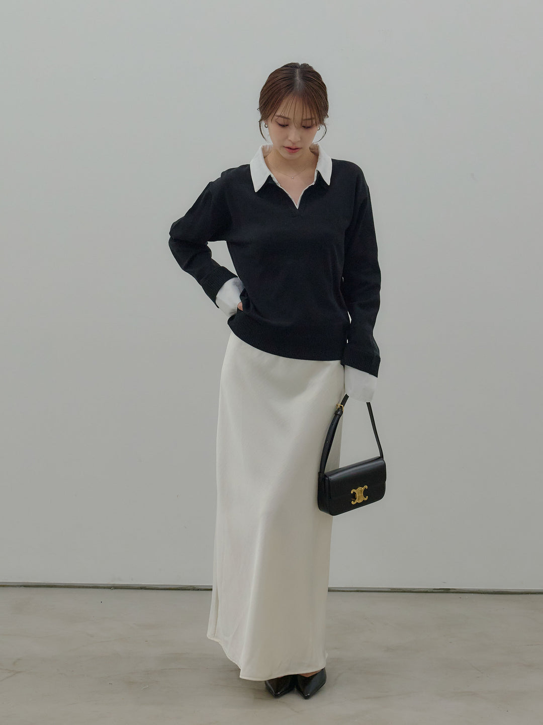 【SET】配色レイヤードプルオーバー+リュクスAラインサテンスカート(2set)