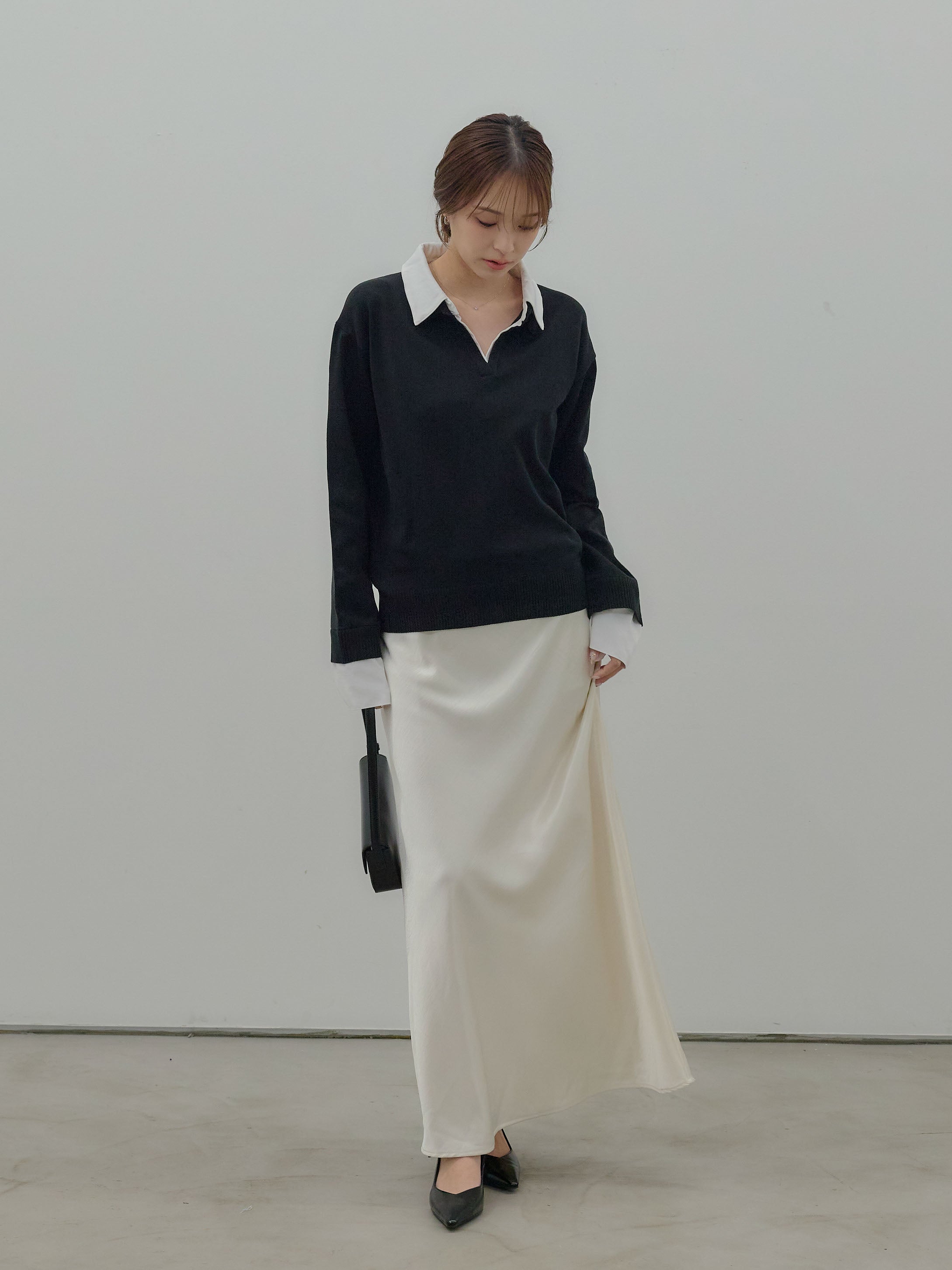 SET】配色レイヤードプルオーバー+リュクスAラインサテンスカート(2set