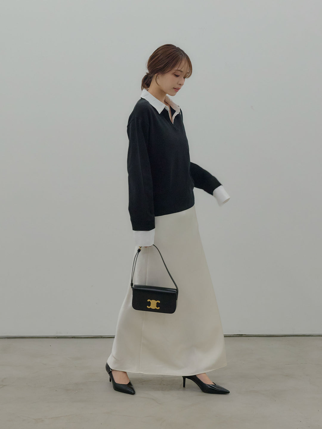 【SET】配色レイヤードプルオーバー+リュクスAラインサテンスカート(2set)