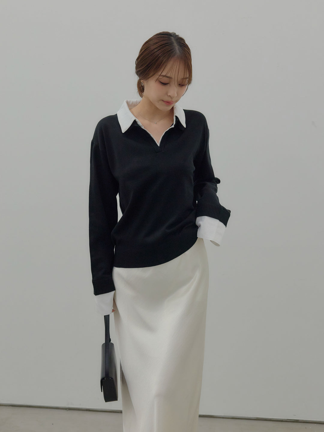 【SET】配色レイヤードプルオーバー+リュクスAラインサテンスカート(2set)