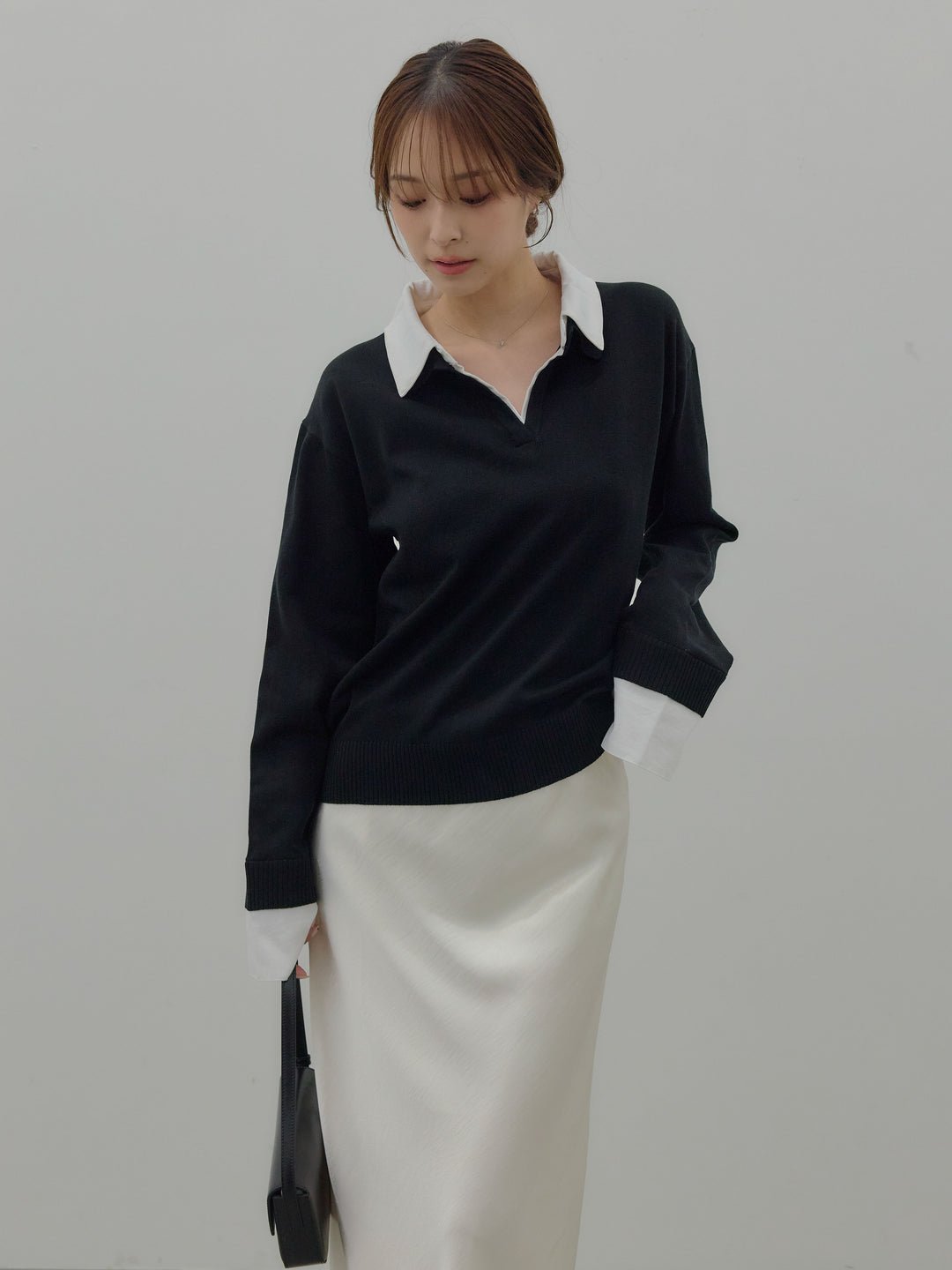 【SET】配色レイヤードプルオーバー+リュクスAラインサテンスカート(2set)