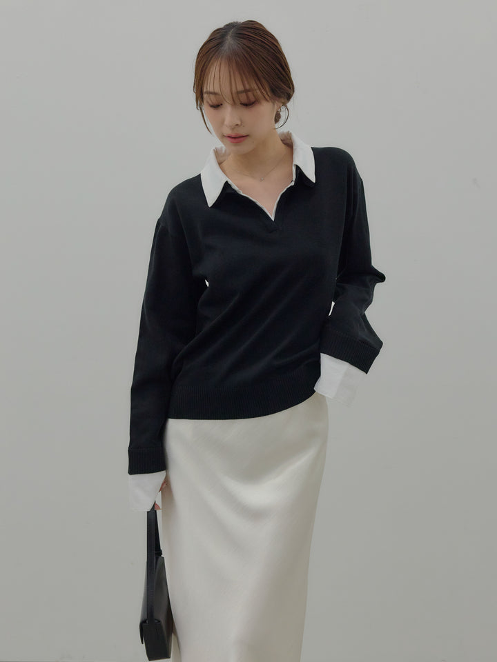 【SET】配色レイヤードプルオーバー+リュクスAラインサテンスカート(2set)