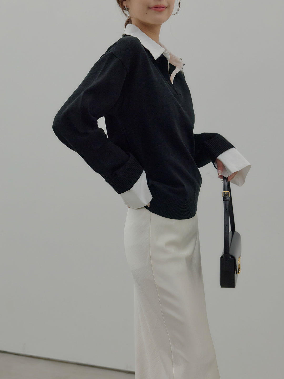 【SET】配色レイヤードプルオーバー+リュクスAラインサテンスカート(2set)