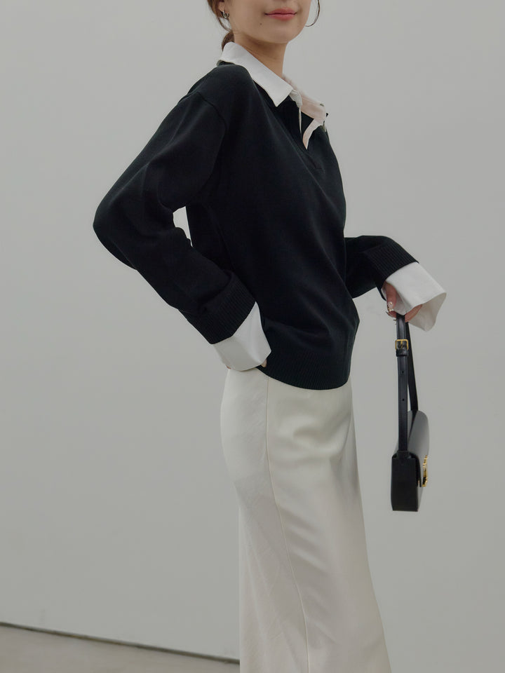 【SET】配色レイヤードプルオーバー+リュクスAラインサテンスカート(2set)