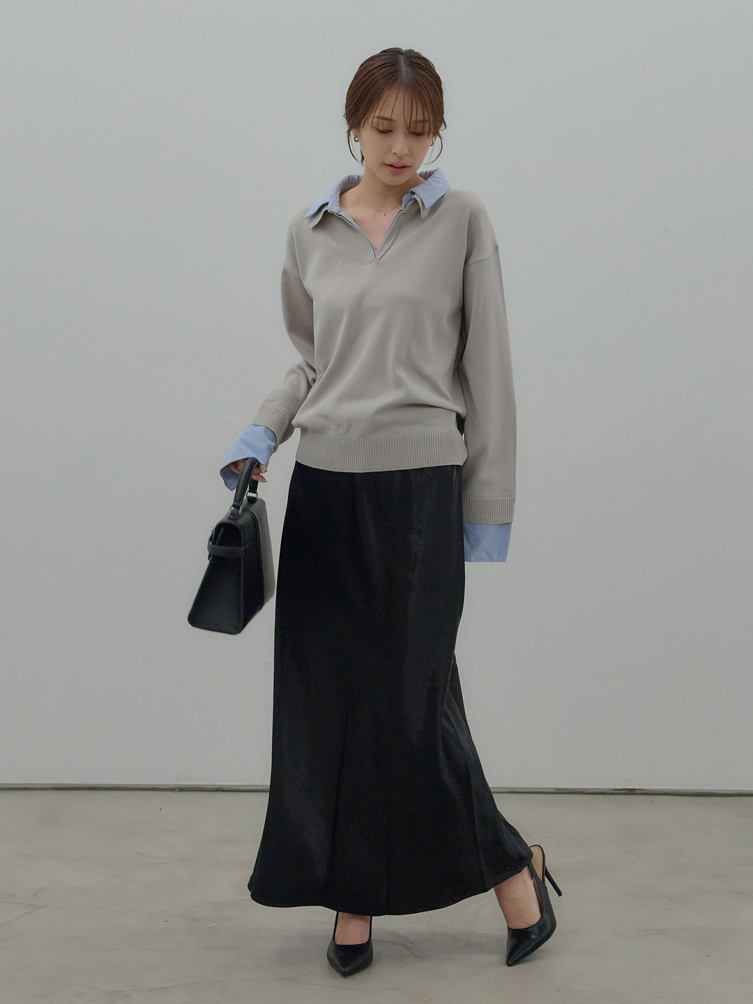 【SET】配色レイヤードプルオーバー+リュクスAラインサテンスカート(2set)